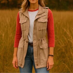 NWT 1 Sunset Lane Tan Cargo Drawstring Waist Safari Pocket Boho Vest Sz Small